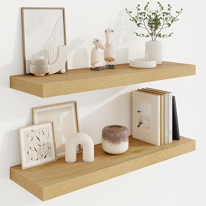 32in Floating Shelves for Wall, 32"W x 9.25"D x 1.25"H, 2 Pack Long Wall Mounted Engineered Wood Shelves with Invisible Brackets for Living Room, Bedroom, Bathroom, Kitchen Decor and Storage, Oak