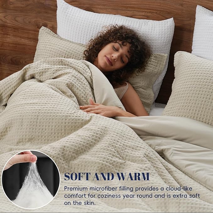 PHF Ultra Soft Waffle Weave Comforter Set Queen Size, 3 Pieces Lightweight Breathable Comfy Bedding Set, Comfy Textured 1 Comforter with 2 Pillow Shams, Linen
