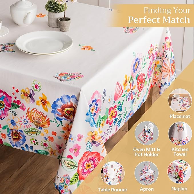 Maison d' Hermine Table Cloth Rectangle Table 100% Cotton 60 x 108 Inches Tablecloth Reusable Decorative for Dining Room Farmhouse Valentines Day Decorations Spring Summer- Happy Florals - High Summer