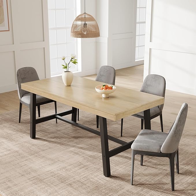 GarveeHome Industrial Dining Table for 4-6 People, 63" Long Wooden Kitchen Table with Sturdy Metal Frame & Natural Wood Finish - Seats 4 Rectangular Counter for Dinner, Kitchen, Dining Room - Natural