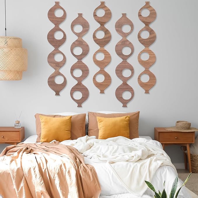 AceOrbit 5Pcs 23.6in Mid Century Wall Art Wood Mid Century Elegance Decor Accents Abstract Wall Sculpture Geometric Panels for Retro 70s Interior Panel Art for Home Living Room Bedroom Decor
