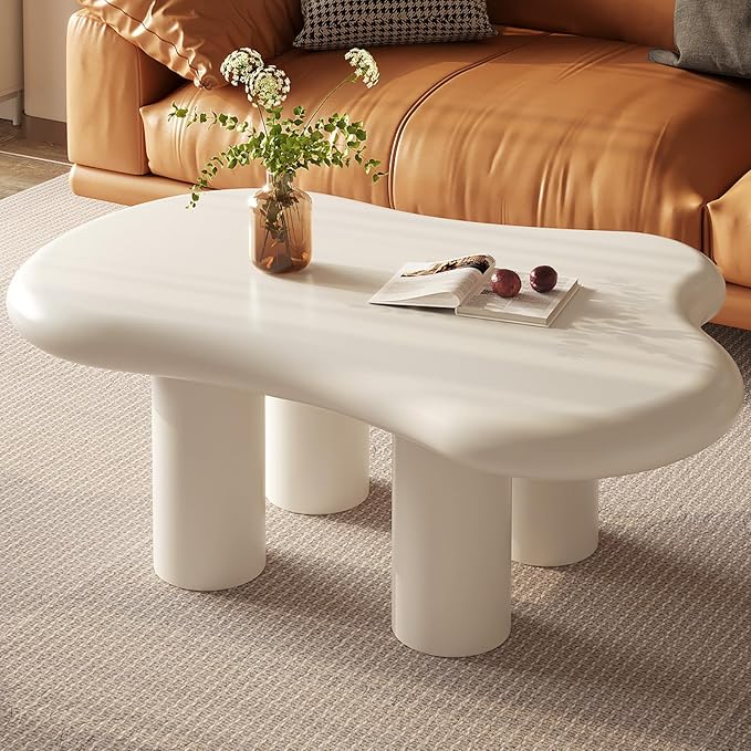 Guyii Cloud-Shaped Coffee Table, Modern Sofa Table with 4 Legs, Cream White Center Table, Small Irregular Tea Table for Living Room, Easy Assembly (White)