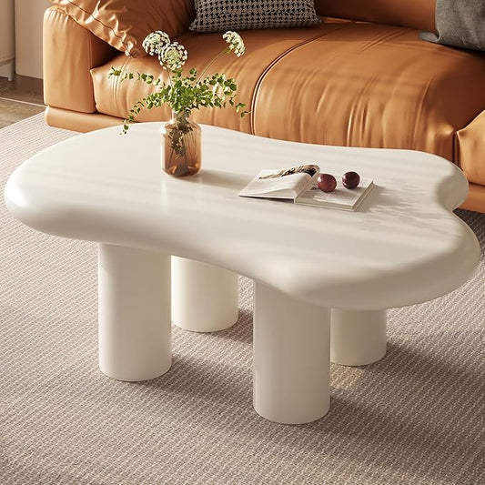 Guyii Cloud-Shaped Coffee Table, Modern Sofa Table with 4 Legs, Cream White Center Table, Small Irregular Tea Table for Living Room, Easy Assembly (White)