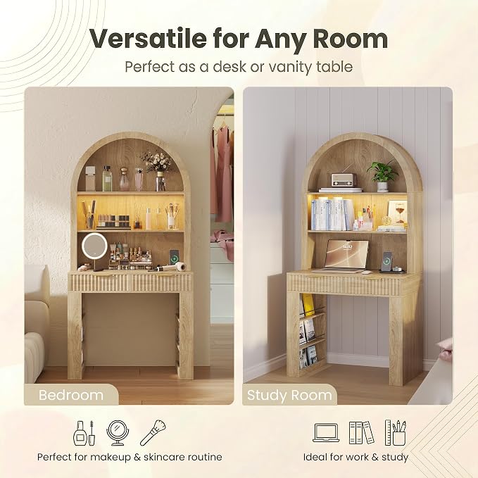 Arched Writing Desk with Hutch, Home Office Desk with 2 Fluted Drawers, Secretary Desk with Outlets, LED Lights, Bookshelves, Wood Computer Desk for Small Space, Bedroom 35.4"W x 70.8"H (Oak)