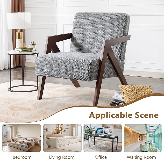 Bonzy Home Mid-Century Modern Accent Chair with Solid Wood Frame, Upholstered Armchair for Bedroom & Living Room,Reading Side Chair with Soft Lien Fabric Cushion,Easy Assembly