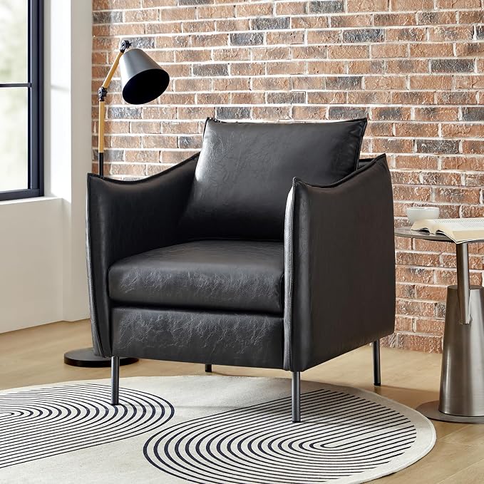 HULALA HOME Leather Armchair, Modern Faux Leather Accent Armchair Upholstered Living Room Chairs with Moveable Cushion for Living Room, Office, Reading, Customer Reception, Black