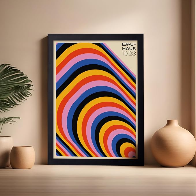 Poster Master Bauhaus Poster - Psychedelic Stripes Print - Abstract Art - Geometric Art - Graphic Design Art - Chic Boho Art - Mid Century Modern Art - Living Room Wall Decor - 16x20 Black Framed