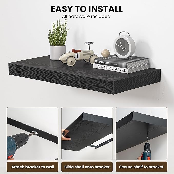 Dreamland 36" Floating Shelves for Wall, 12" Deep Thicker Black Floating Shelves, Wall-Mounted Shelves for Bedroom, Living Room, Kitchen, Bathroom - Set of 2