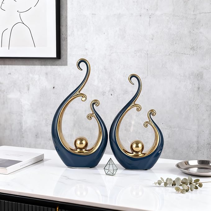 DOVDOV Blue and Gold Home Decor, Abstract Ceramic 2-Piece Sculpture Set, Modern mid-Century Art Statues, Perfect for Accent Tables, countertops, Coffee Tables, and entryway Decor.