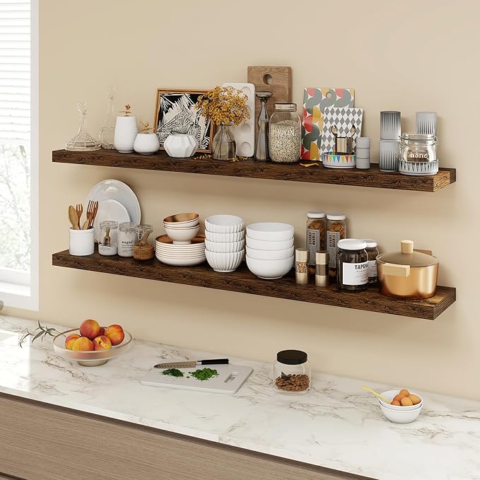 55 Inch Floating Shelves, 9.3" Deep Floating Shelf Wall Mounted, 56" Wall Shelves, Rustic Deep Bookshelf, Large Display Shelves & Storage Shelves for Bedroom, Living Room, Brown, Set of 2
