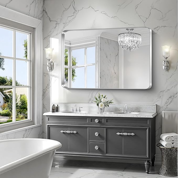 CIRCUMI Silver Bathroom Mirror, 36"x55" Rectangular Mirror with Deep Metal Frame, Rounded Corner, Tempered Glass, Large Mirror for Wall, Over 2 Sinks, Installed Vertically/Horizontally, Crystal-Clear