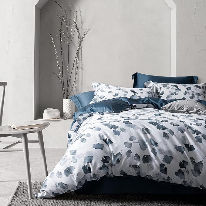 MILDLY Floral Duvet Cover Set - 100% Long-Staple Cotton Navy Ginkgo Leaf Pattern Printed Comforter Cover 3pcs Soft Breathable Luxury Bedding for All Season
