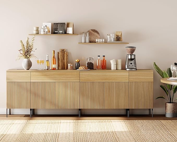 WAMPAT 94.5" Large Sideboard Buffet Cabinet with 4 Drawers & 5 Doors, 4-in-1 Fluted Storage Cabinet with Charging Station, Modern Buffet Table Coffee Bar Wine Bar Cabinet for Dining Room, Oak