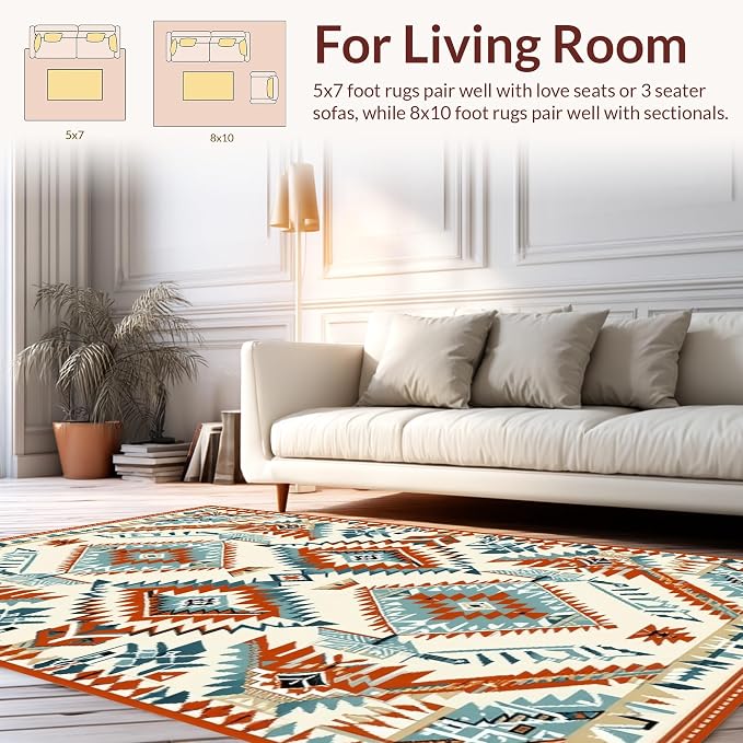 9'x12' Washable High Traffic Area Rug, Southwestern Geo, Flatwoven Area Rugs for Living Room, Bedroom (Beige,9x12)