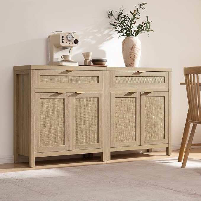 SICOTAS Sideboard Buffet Storage Cabinet, Rattan Accent Cabinet with Doors and Drawer, Boho Credenzas Buffet Table Console Coffee Bar Cabinets for Entryway Living Room, Natural