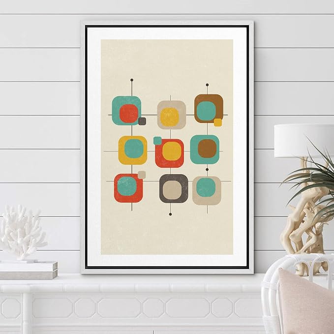 Woodrose Framed Canvas Print Wall Art Geometric 1960s Color Square Collage Abstract Shapes Illustrations Modern Minimalist Chic Multicolor for Living Room, Bedroom, Office - 24"x36" White