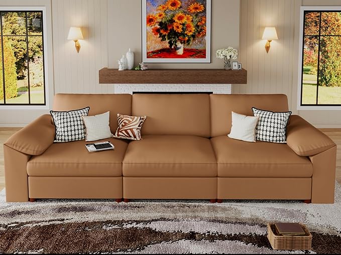 EASE MOOSE Deep Seat Sectional Couch, Scratch Resistant Faux Leather Material, 3-Seat Oversized Modular Sofa for Living Room,Modern Comfy Sofas for Small Spaces, Brown