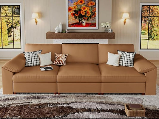 EASE MOOSE Deep Seat Sectional Couch, Scratch Resistant Faux Leather Material, 3-Seat Oversized Modular Sofa for Living Room,Modern Comfy Sofas for Small Spaces, Brown