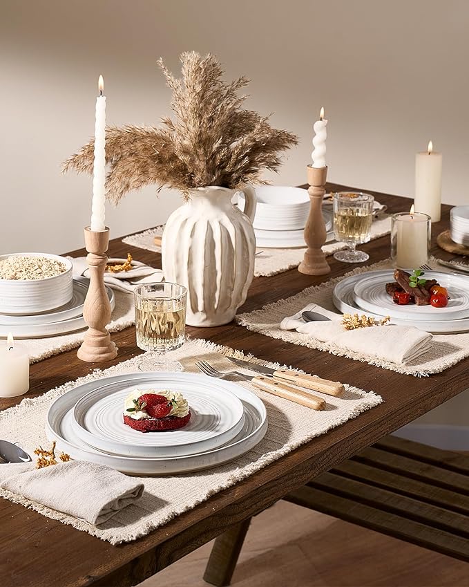 Stoneware Dinnerware Set, Highly Chip & Scratch Resistant Everyday Plates and Bowls for 8 (24pcs), Reactive Glaze Speckled Ceramic Straight Dishes with Gift Box, Microwave Dishwasher Safe, White