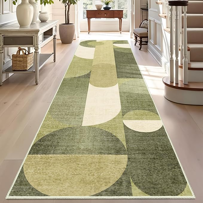 Green Runner Rug 2x8 Washable Rug Runners for Hallway Kitchen,Long Rugs for Bedroom Entryway Bathroom,Non Slip Modern Geometric Floor Carpet