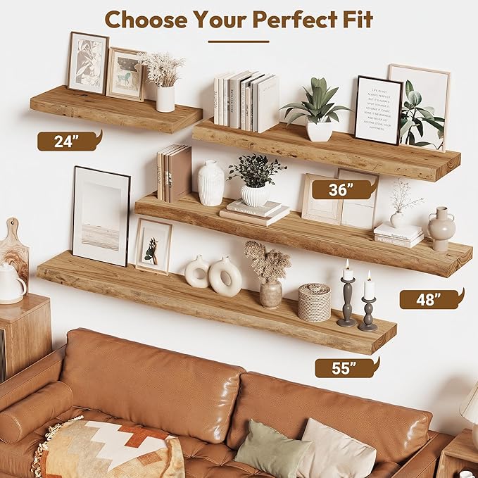 Vivelove Live Edge Floating Shelves Solid Wood, Elm Shelves for Wall with Invisible Bracket for Living Room Bedroom Bathroom Office Book, Rustic Farmhouse Wooden Shelf, 55 Inch Set of 1- Natural