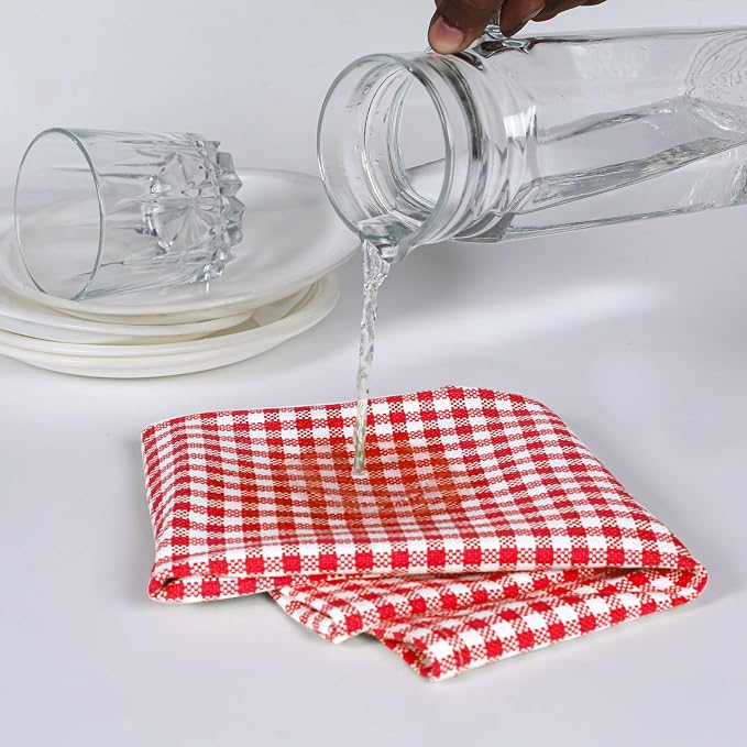 Red Kitchen Dish Towels Gingham Check, 4 Pack, 16x26 Inches, Absorbent & Durable, Washable, Hand Tea Towels with Hanging Loop - Ideal for Drying Dishes, Cooking, Cleaning, Red