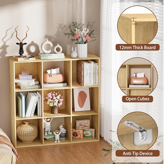 9 Cube Storage Organizer, Free Standing Display Shelf with Open Cubes, Floor Standing Book Shelf Bookcase with Storage for Home Office, Living Room, Bed Room (Oak, 9-Cube)