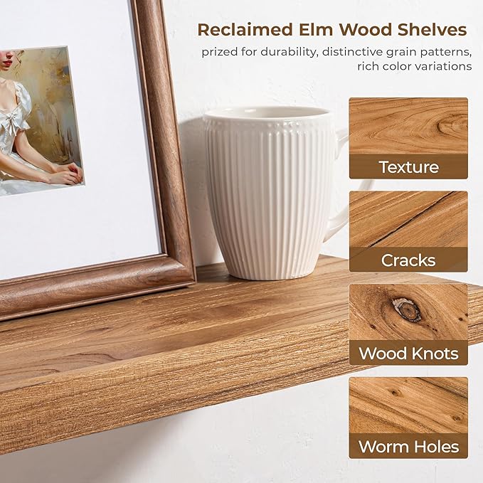 Axeman Rustic Elm Wood Floating Shelves for Wall, 48'' x 8" Deep Wall Shelf with Invisible Bracket, Large Long Wall Mounted Storage Shelves for Living Room, Bedroom, Kitchen, Bathroom Decor, Natural