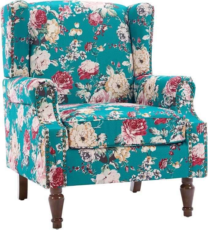 High Back Floral Accent Chairs Set of 2, Upholstered Armchair in Fabric, Retro Printed Wingback Arm Chair for Living Room, Nailhead Trim Single Sofa Bedroom Reading Seat - Peacock Blue