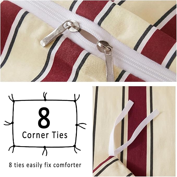 Merryword Red and Cream Striped Duvet Cover Set Queen Size, 100% Cotton Bedding Set with Zipper Closure & 8 Corner Ties, Awning Stripe Bedding, Soft Breathable Comforter Cover for All Seasons
