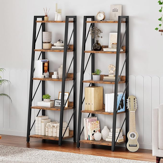HOOBRO Ladder Shelf, 5-Tier Bookshelf, Corner Bookcase, Freestanding Storage Shelf Display Organizer, for Living Room, Bedroom, Home Office, Kitchen, Rustic Brown and Black BF305CJ01