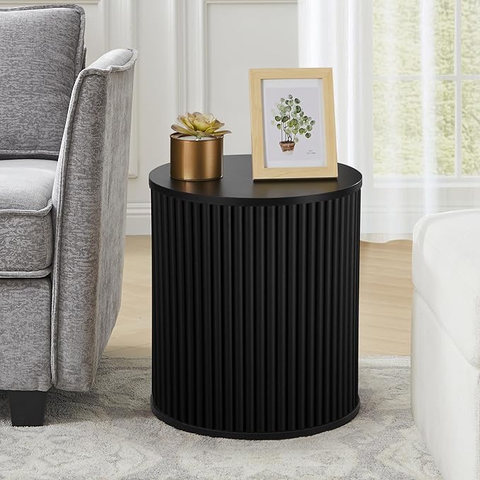 AVZEAR Small Round Side Table Fluted Night Stand Set of 2, Mid Century Modern End Table with Storage, Circle Bedside Tables Wood Nightstands for Small Spaces, Living Room, Bedroom (Black)