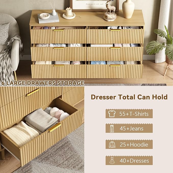 CARPETNAL Fluted Dresser and Nightstand Sets for Bedroom, 3 Pcs Bedroom Set, 6-Drawer Dresser & 2-Drawer Nightstand Set of 2, Modern Wood Chest of Drawers for Living Room, Entryway, Oak