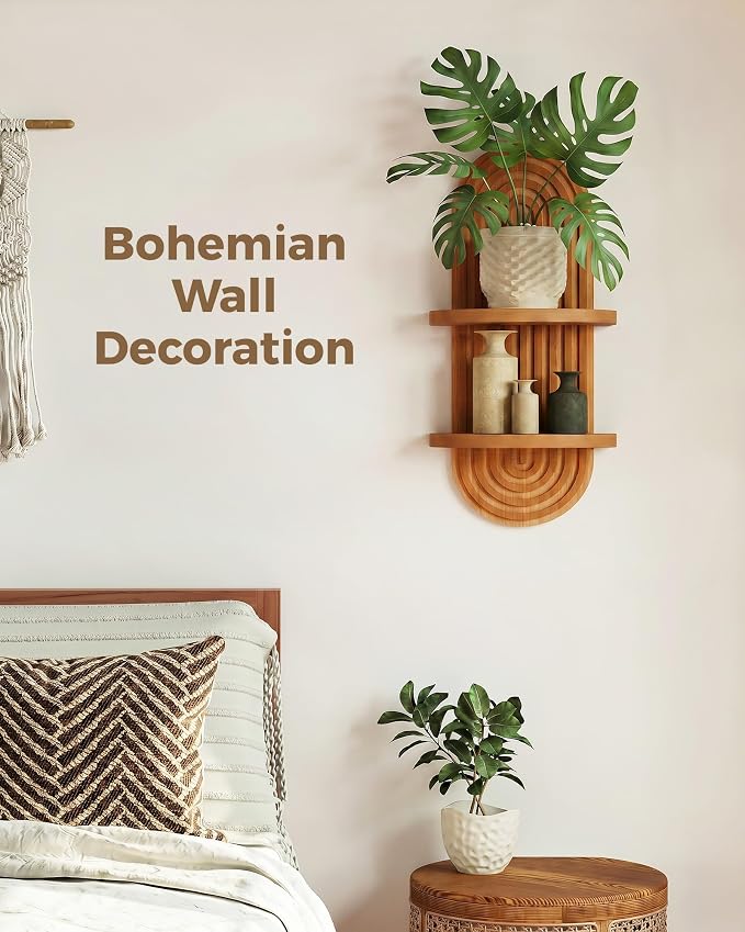 Bamworld Boho Wall Decor Brown Plant Wall Shelf Mid Century Modern Decor Hanging Plant Shelf 22in 2 Tier Wooden Floating Shelves Brown