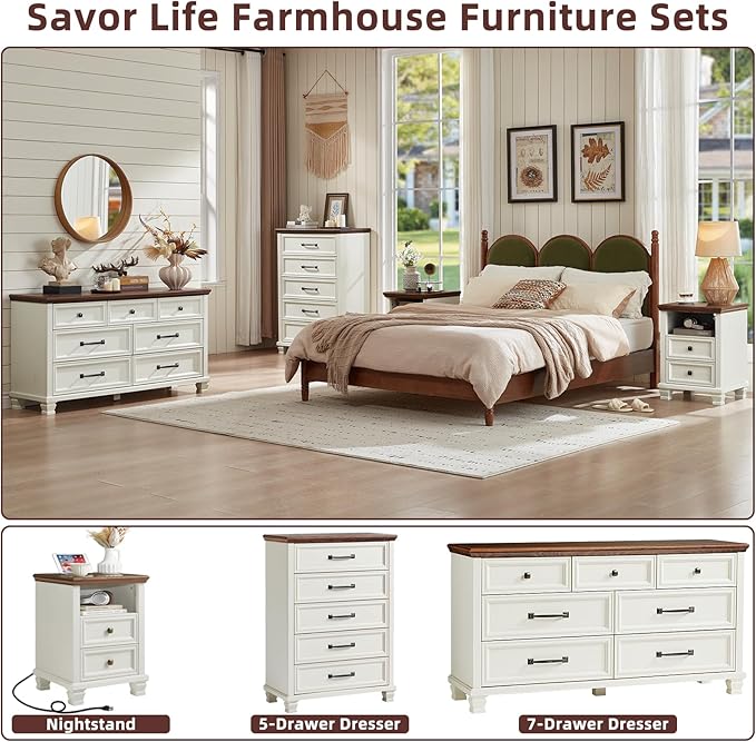Farmhouse Side Table with Charging Station, Antique Nightstands with Drawers, Bedside Table with Open Shelf for Bedroom, White
