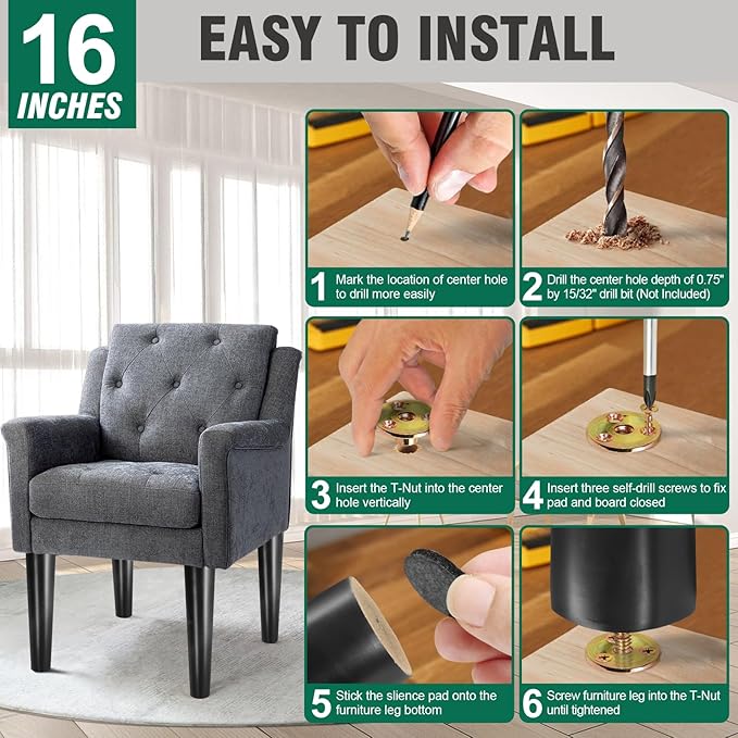 FoDau770 Black Rubber Wood Furniture Legs 16 Inches, 5/16" UNC Straight Tapered Wood Feet Mid Century Sofa Legs, Wooden Furniture Feet Replacement Parts for Cabinet Couch Dresser Chair Ottoman Table