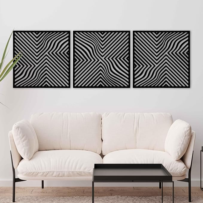 Modern Optical Wave Wood Wall Art Set, Extra Large Mid Century Wooden Decor, 3 Piece Geometric Flow Line Panels, Abstract Home Accent for Living Room and Bedroom