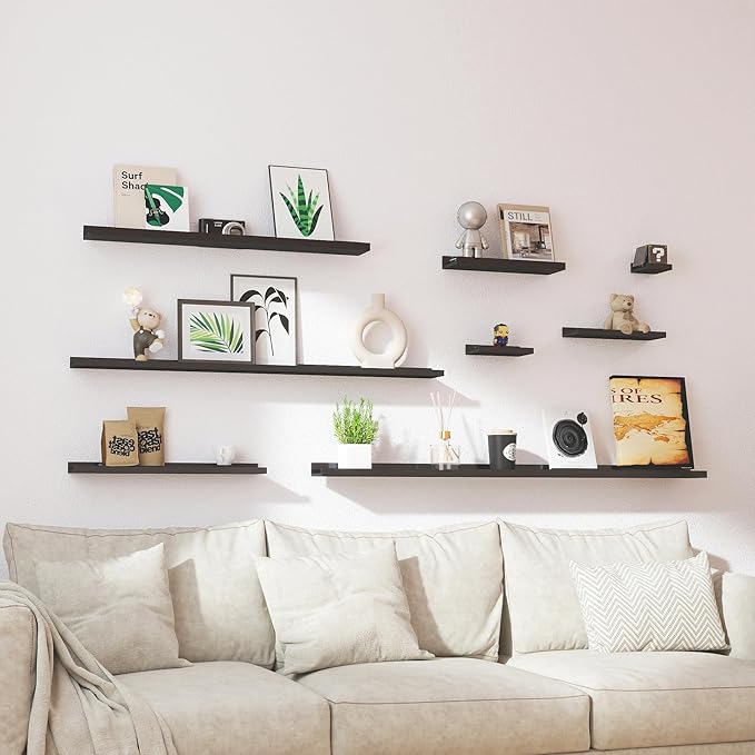 Black Floating Shelves for Wall Decor, Wall Mounted Wood Storage Shelf for Bedroom, Living Room, Bathroom, Kitchen, Nursery, Display Picture Ledge Shelf with Lip Set of 2-16 Inches, Black