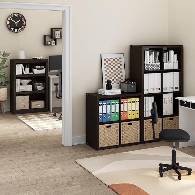 Furinno CUBICLE Book Shelf, 8-Cube Bookshelf, Extra Thick Frame Horizontally & Vertically Reversible Bookcase with Open Back, 14.6" x 30" x 58", for Living Room, Bedroom, Home Office, Black Dark Oak