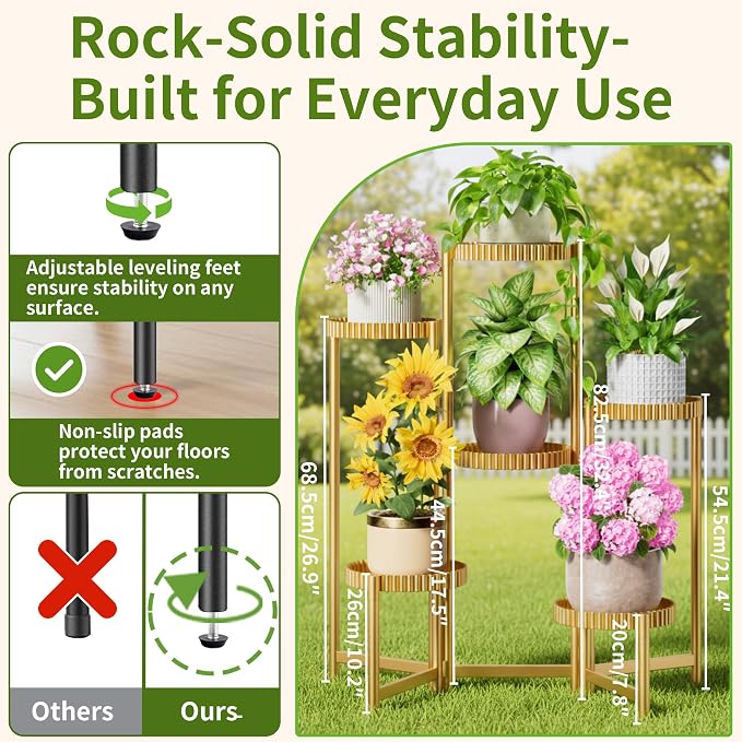 6 Tier Large Tiered Plant Stand Indoor, 7.9 Inch Wide Tall Corner Metal Plant Stands Outdoor for Multiple Plants, Folding Tall Flower Display Holder Rack Shelf for Patio Porch -GoldFloroma