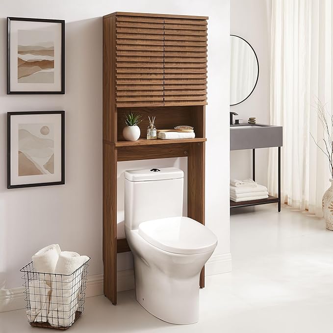Modway Render Over The Toilet Storage Cabinet in Walnut - Modern Bathroom Organizer with Open Shelf, 2 Soft-Close Doors, Wall Cabinet for Above Toilet Storage - Linen Cabinet with Adjustable Shelves