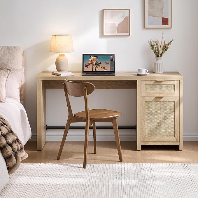 SICOTAS Rattan Home Office Desk with Drawer, 59" Farmhouse Boho Executive Desk with Storage Cabinet, Large Computer Writing Table Vanity Desk for Office, Study, Living Room, Light Oak