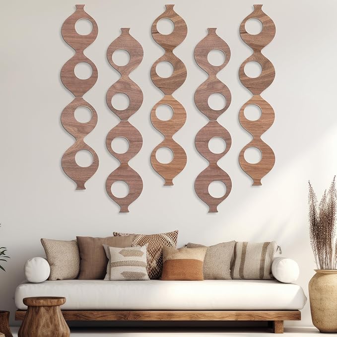 AceOrbit 5Pcs 23.6in Mid Century Wall Art Wood Mid Century Elegance Decor Accents Abstract Wall Sculpture Geometric Panels for Retro 70s Interior Panel Art for Home Living Room Bedroom Decor