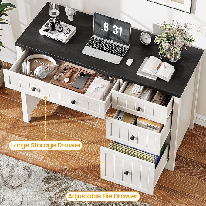 Vabches Farmhouse Executive Desk with 4 Drawers, Home Office Desk with File Drawer, Wood Computer Desk with Storage, Rustic Office Desk for Work Study Writing, Black White