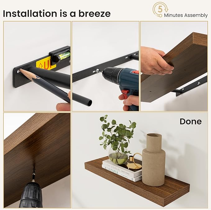 Fun Memories Rustic Wood Floating Shelves for Wall, Space-Saving Wall Mounted Shelves for Bathroom, Bedroom, Living Room and Kitchen, Stylish Storage & Display (Set of 2, Walnut, 72 in)