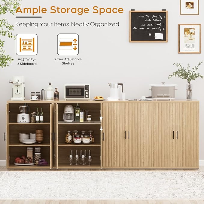 Yechen 94.6" Fluted Sideboard Buffet Cabinet with Storage and 8 Doors, Mordern Credenza Storage Cabinet with Adjustable Shelves, Media Console Table, for Living Room Dinning Kitchen/Oak(2 PCS)