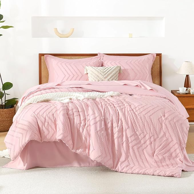Litanika Pink Queen Size Comforter Set with Sheets - 7 Pieces Bed in a Bag Queen Boho Tufted Complete Bedding Sets with Comforter, Sheets, Pillowcases & Shams