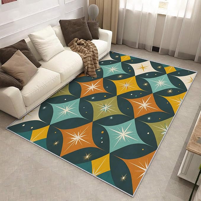Mid Century Modern Rugs for Bedroom 4x6 ft, MCM Atomic Area Rugs for Living Room, Washable Non Slip Low Pile Abstract Geometric Carpet, Home Decor PF-P 107