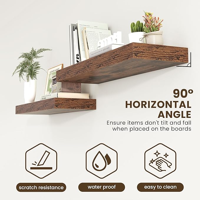 Deep Floating Shelves | 40 Inch Floating Shelves Set of 2 | 12 Inch Deep Brown Wood Wall Shelves | 40" W x 12" D Rustic Brown Shelves for Bathroom Living Room Kitchen Laundry Room