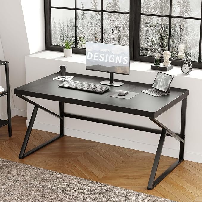 HSH Black Desk, Modern Industrial Home Office Computer Desk, Laptop PC Desk for Student Work Writing Study Gaming, Simple Metal and Wooden Computer Table in Bedroom Living Room Workstation, 55 Inch